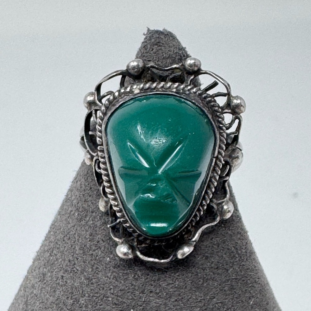 Vintage Aztec Mask Ring Mexico Sterling Silver Green Onyx Tribal Style size 6